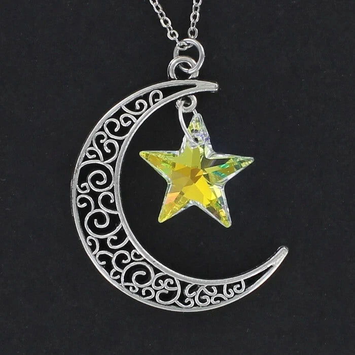 CRESCENT MOON with Crystal Star Necklace on Chain Sparkling Clear AB Aurora NEW