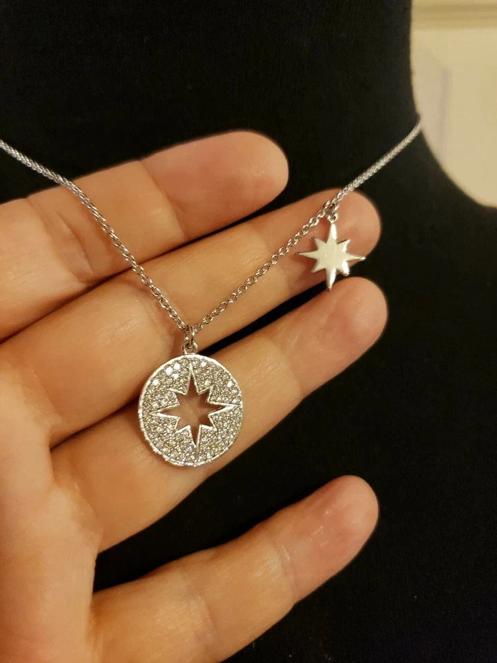 Sterling Silver STARBURST Necklace With Hanging Charm, Cubic Zirconia, NEW