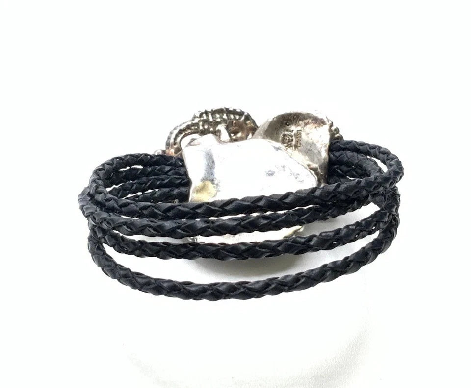 Vintage Bat Ami Israel Sterling Silver Leather Star Fish & Sea Horse Bracelet