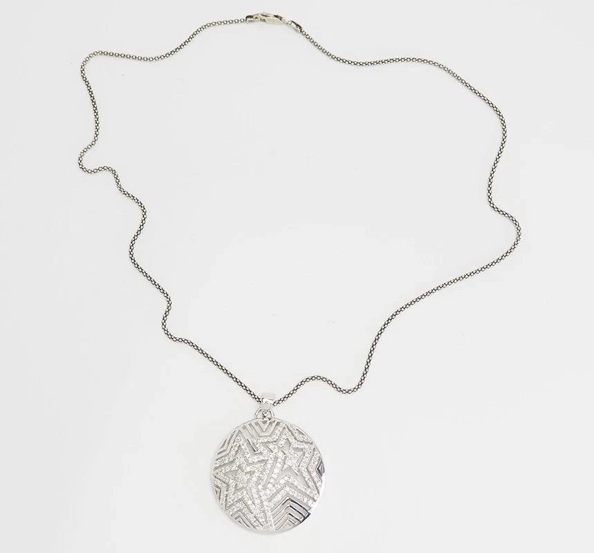 Sterling silver studded crystals star detail round pendant necklace