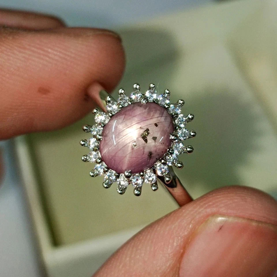Natural Star Ruby Ring 925 Sterling Silver With Cubic Zirconia Side Stones