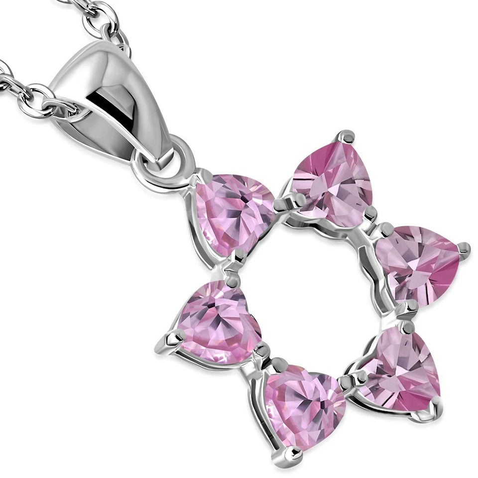 Womens Girls 925 Sterling Silver Heart Shapes Star of David Pendant Necklace