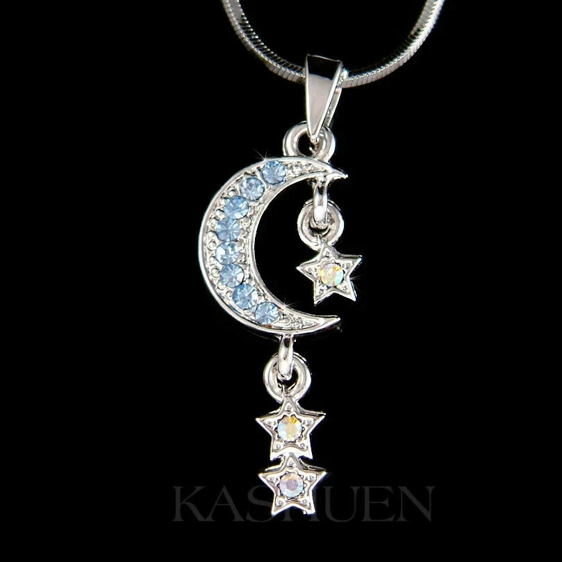 Blue CRESCENT MOON STAR~ made with Swarovski Crystal Celestial Necklace Jewelry