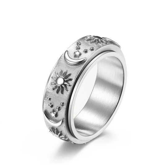 Stainless Steel Rotatable Sun Moon Star Ring Silver/Gold/Black