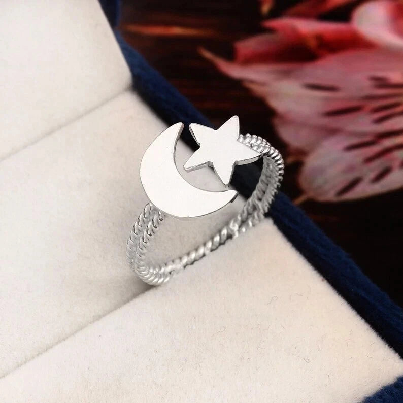 Star Moon Ring 925 Sterling Silver Band& Statement Ring Handmade Ring All Size