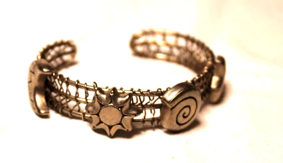 Midieval Wired Cuff Bracelet Half Moon Star Sun Seashell Sterling Silver