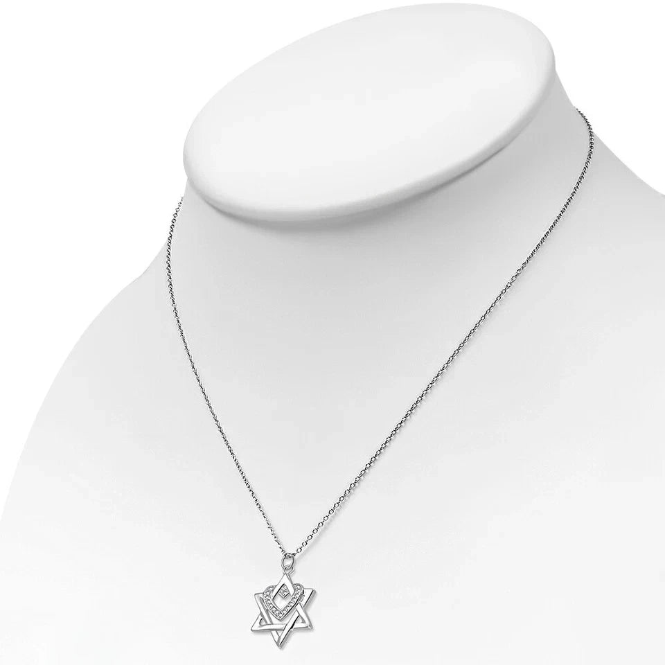 Sterling Silver White Clear CZ Jewish Star of David Love Heart Pendant Necklace