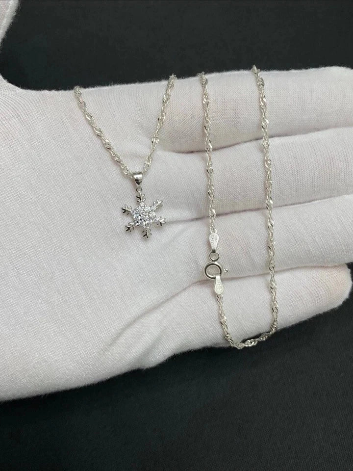 Sterling Silver CZ Snowflake Pendant With 20” Silver Singapore Chain