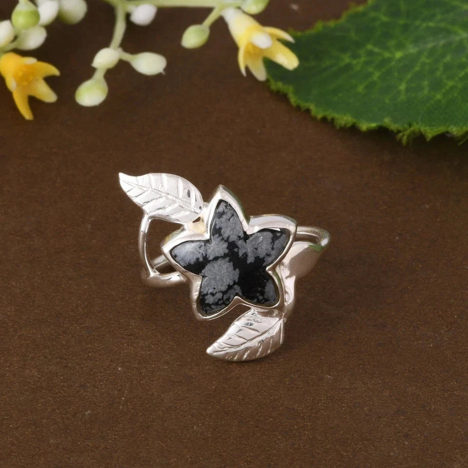 Designer Star Shape Snowflake Obsidian With Olive Leaf Silver Engagement Ring
