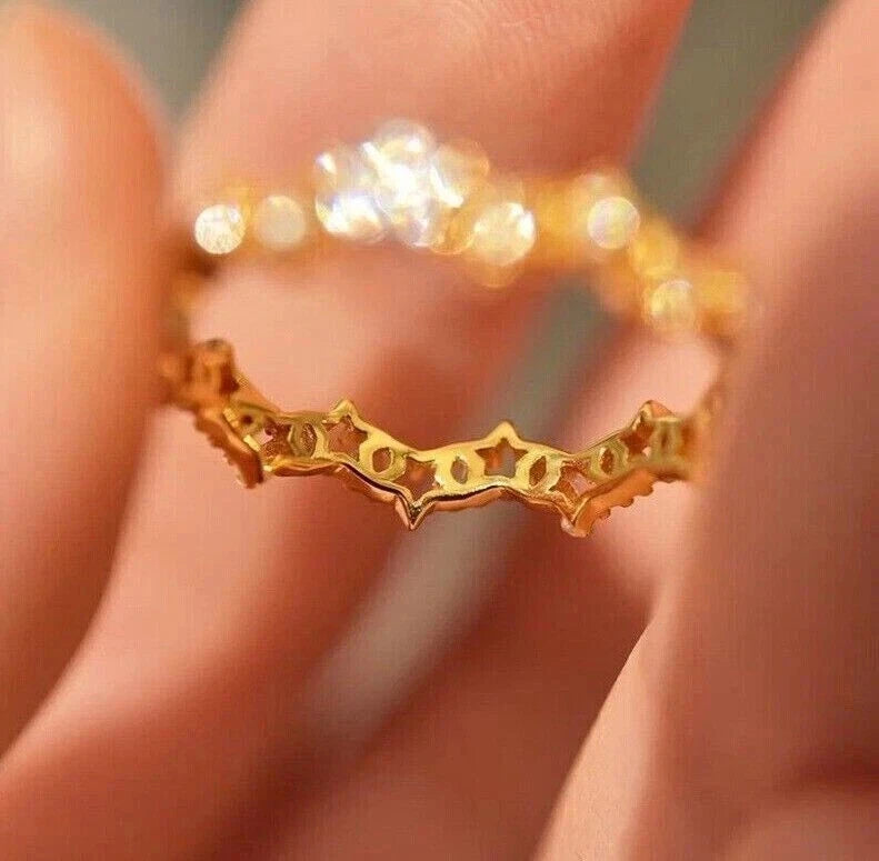 2 Ct Round Cut Simulated Diamond Flower & Star Shape Ring 14k Yellow Gold Plated