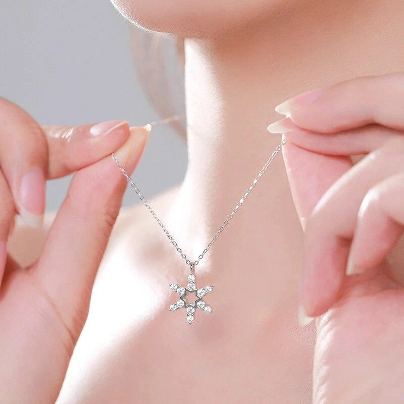 AAA CZ Star Snowflakes S925 Sterling Silver Necklace Clavicular Chain For Women
