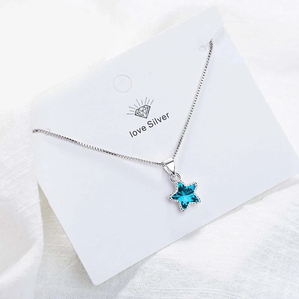 Blue Crystal Star Necklace 925 Sterling Silver Necklace