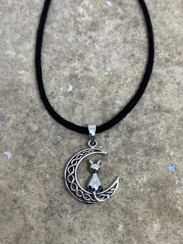 Sterling Silver Moon Cat Pendant Necklace, Cat Jewelry, Moon and Stars