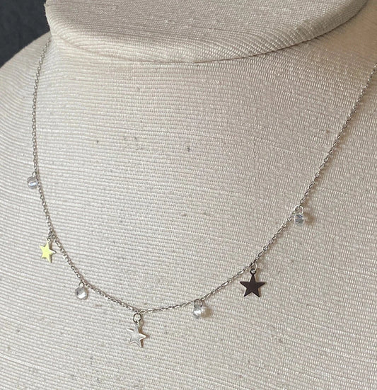Sterling Silver 925 Stars And Crystal 16” Necklace Patriotic Delicate