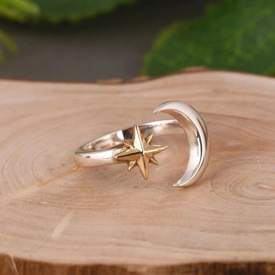 Handmade Crescent Moon & Star 925 Silver Gold Plated Ring For Christmas Gift