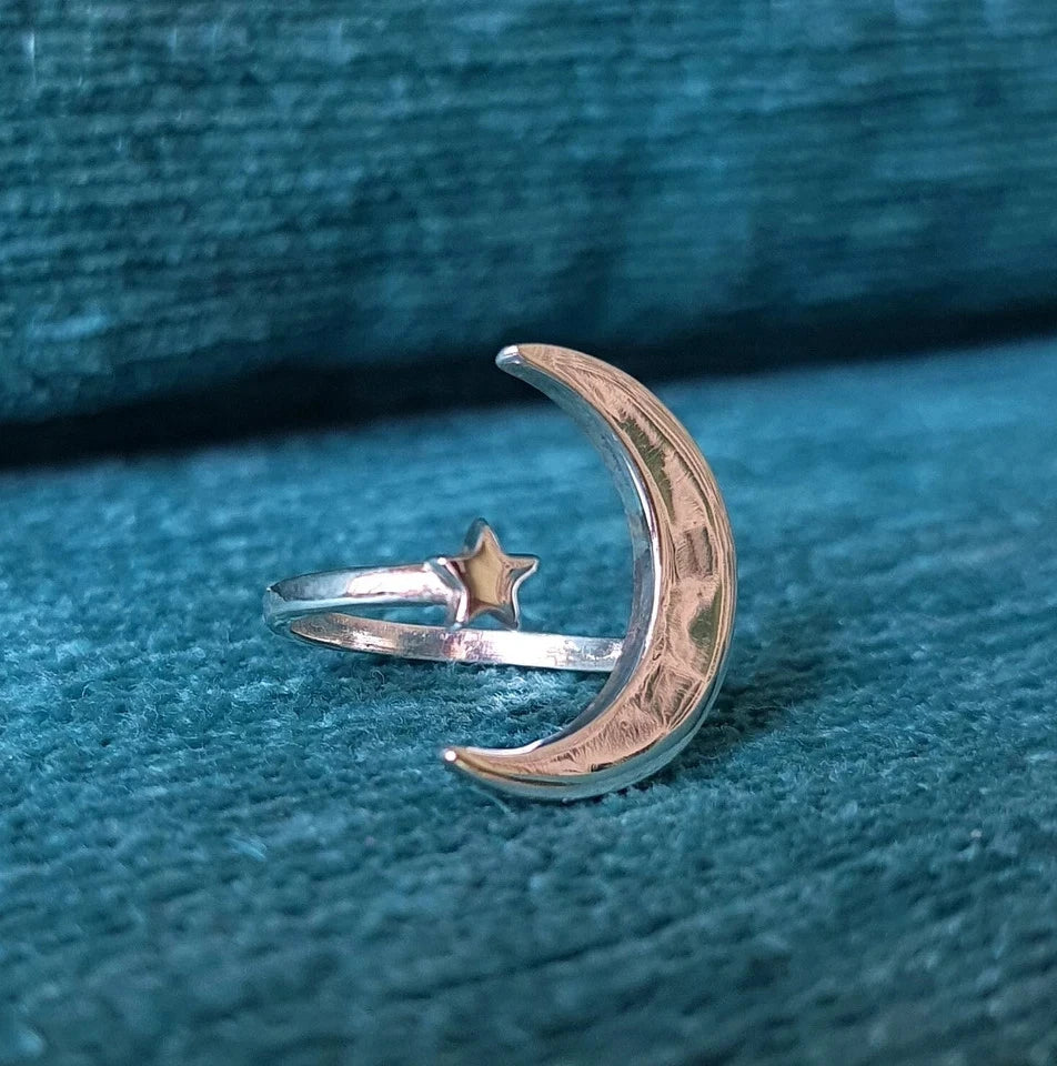 925 Solid Sterling Silver Jewelry Star Moon Shape Adjustable Ring