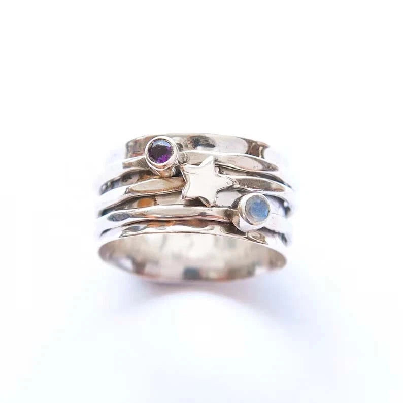 925 Sterling Silver Star Spinner Ring with Rainbow Moonstone Ring Gift For Her