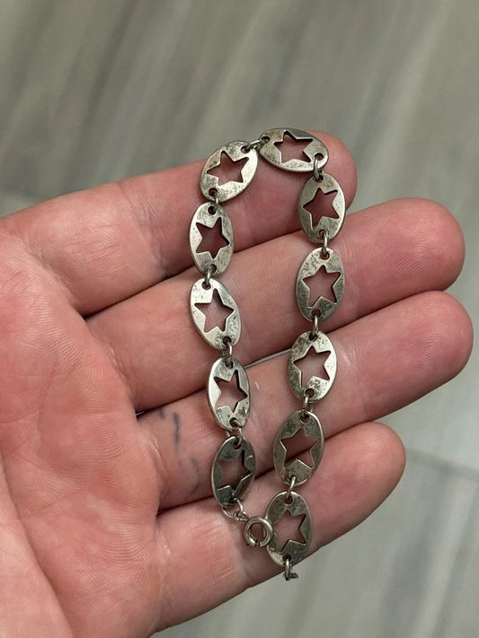STERLING SILVER VTG SOUTHWEST STAR OPEN WORK LINK BRACELET 7.5” .925
