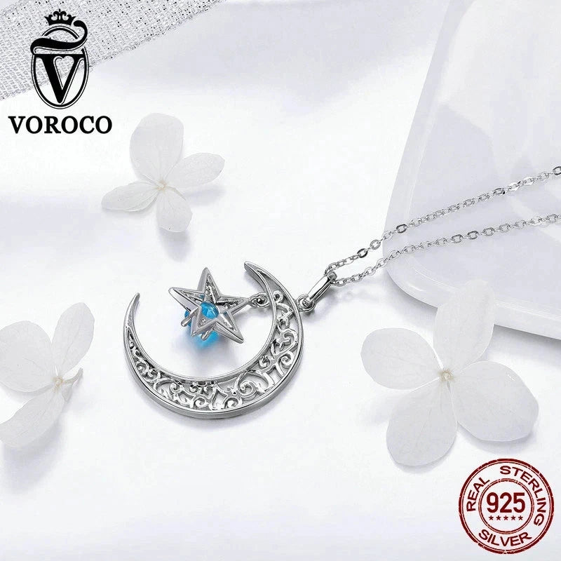 Voroco 925 Sterling Silver Moon Star Pendant Necklace Blue CZ Chain Jewelry