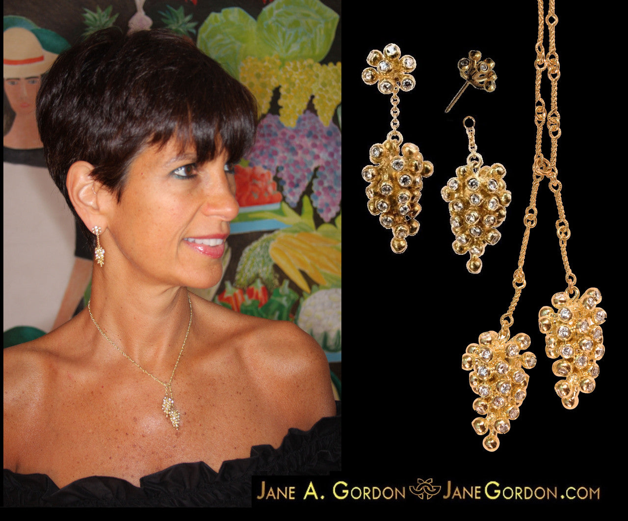 Grapes Drop Earrings-18K Gold and Diamonds-13
