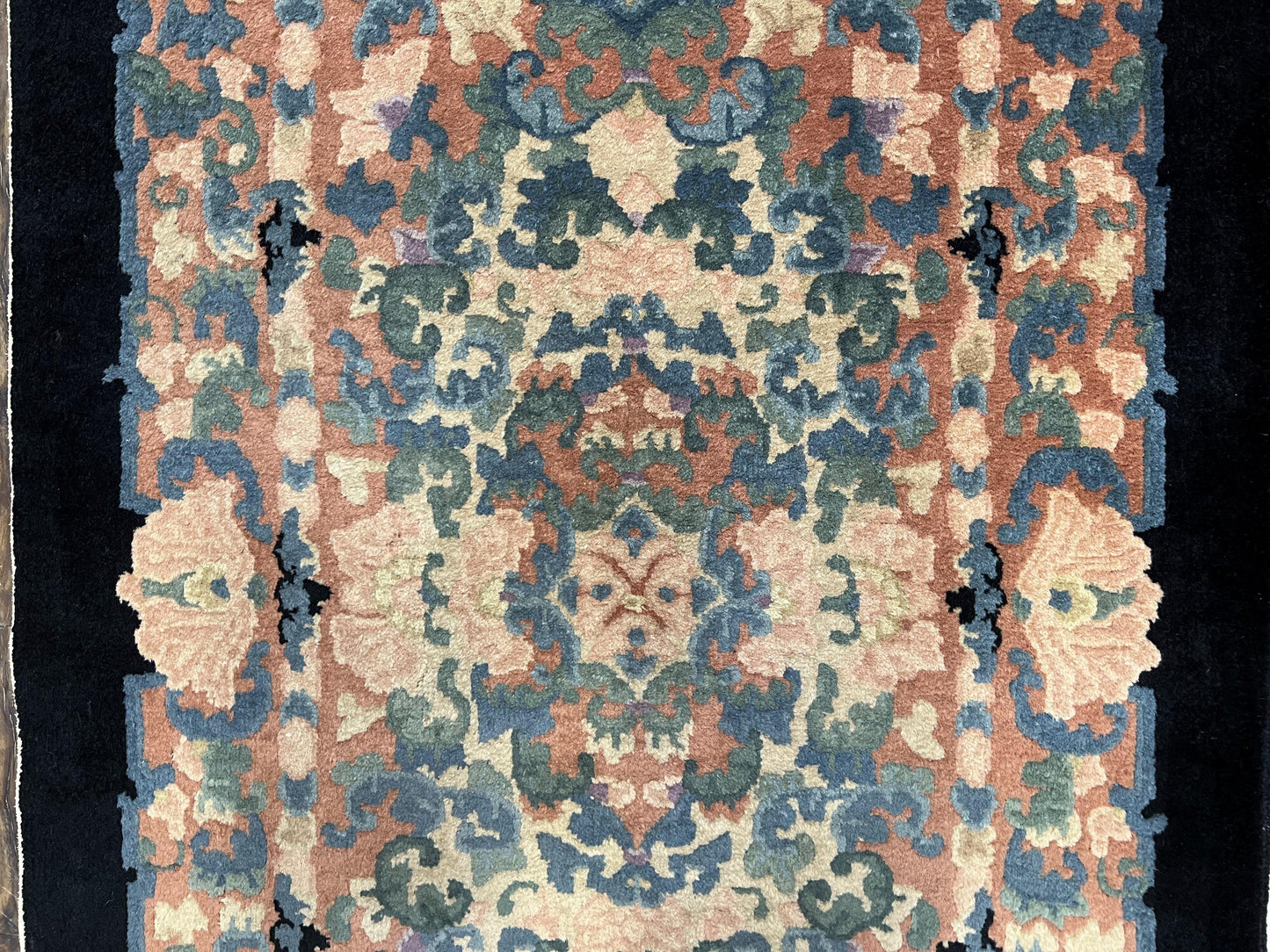 Chinese Art Deco Rug 3x5, Black and Beige Chinese Carpet 3 x 5, Vintage Rug, 1950s Rug, Floral Rug, Handmade Rug, Art Deco Rug, Wool Rug