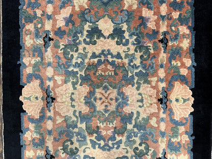 Chinese Art Deco Rug 3x5, Black and Beige Chinese Carpet 3 x 5, Vintage Rug, 1950s Rug, Floral Rug, Handmade Rug, Art Deco Rug, Wool Rug