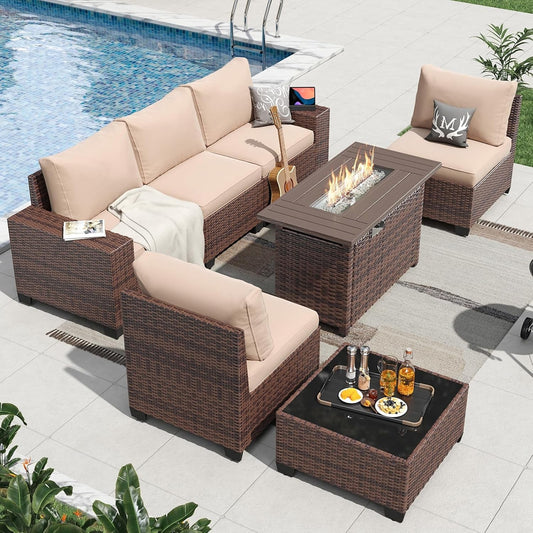 7 Piece Outdoor Wicker Furniture Set with Fire Pit