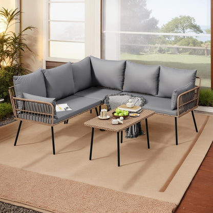 Patio Furniture Set, 4 Pieces Wicker Outdoor Conversation Set Sectional L-Shaped Sofa with 5 Seater for Backyard, Porch, Boho Detachable Lounger with Cushions and Side Table - Grey-0