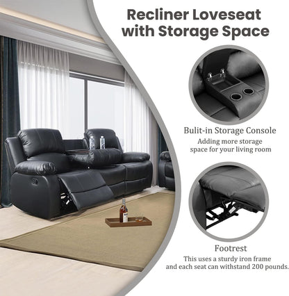 Manual Recliner Sofa Set, Bonded Leather Sofa Set Living Room Furniture, Reclining Sofa Set Leather Recliner Couch with Cup Holder/Storage Console for Living Room (3 Pieces Couch Set,Black)-4