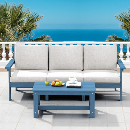 HDPE Patio Sofa Set, 4-Piece Sectional Outdoor Patio Furniture Set, All Weather Patio Couch Set Patio Furniture Set for Deck, Lawn, Blue Frame with Khaki Cushion-1