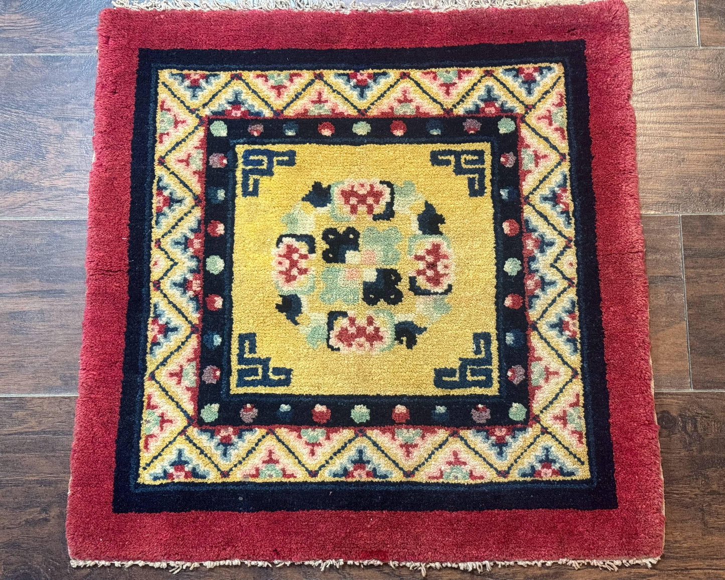 Antique Small Chiense Square Rug 2x2 ft, Wool Chinese Rug-0