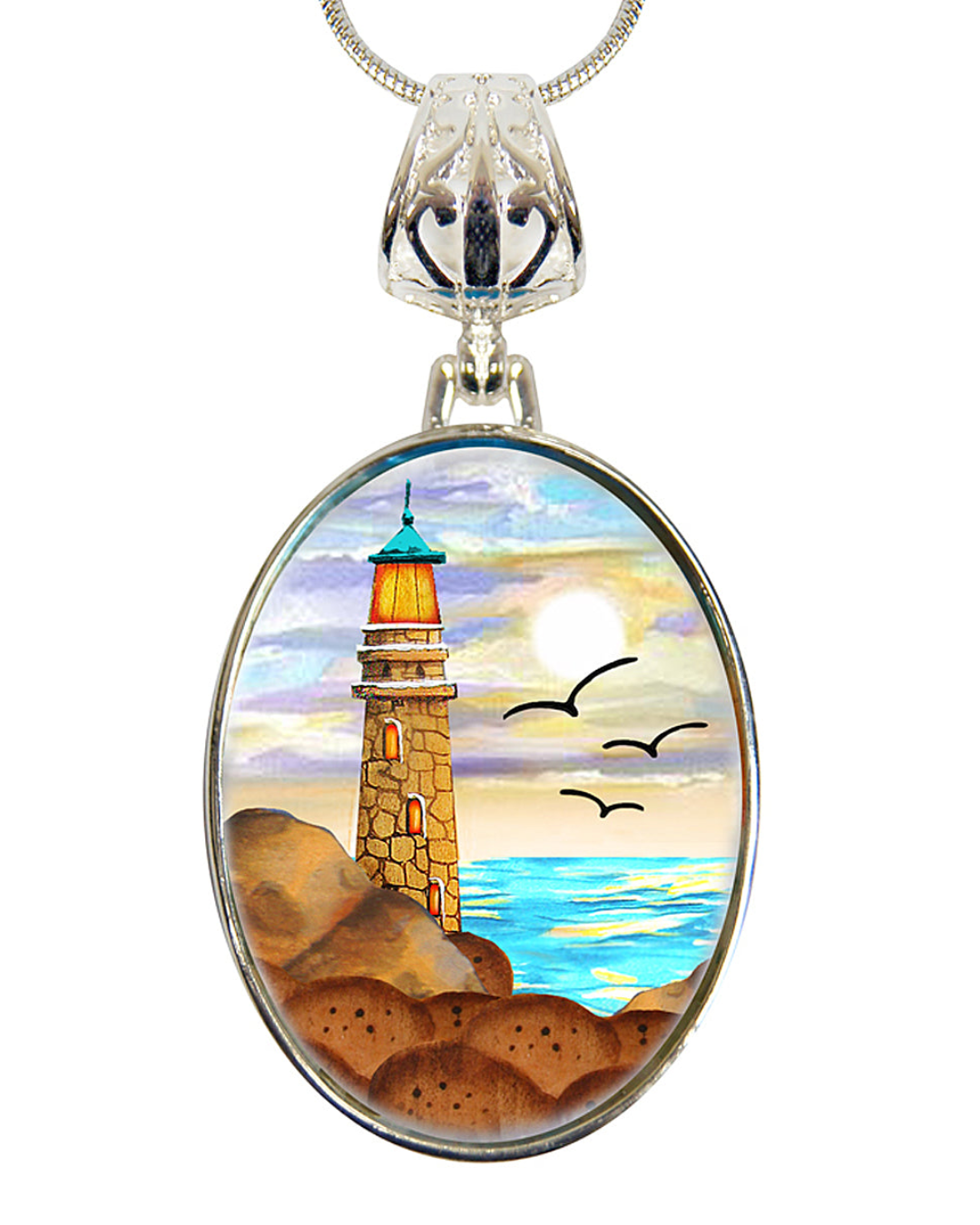 Light House Silver Plated Mother of Pearl Jewelry Pendant Necklace Coastal - 44049