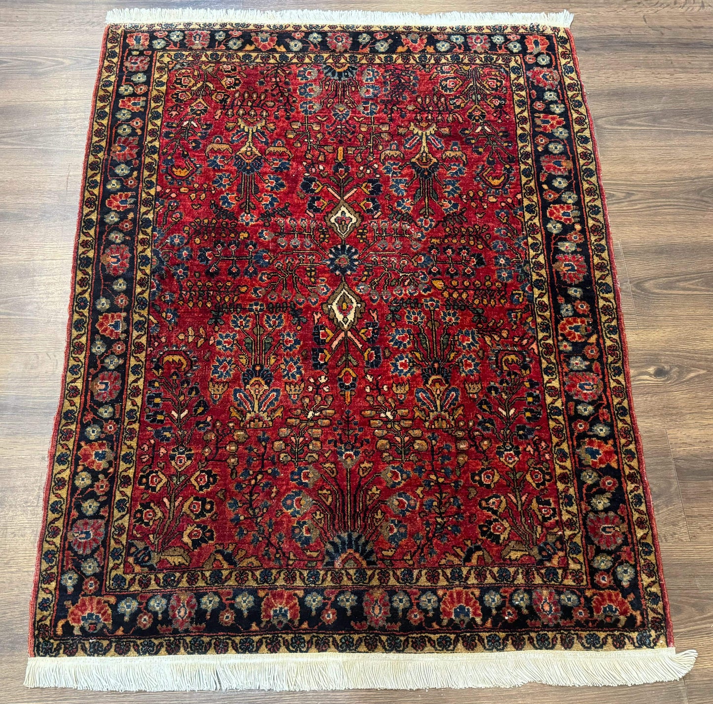 Antique Persian Sarouk Rug 3x4, Red, Floral, 1920s Wool Rug-0