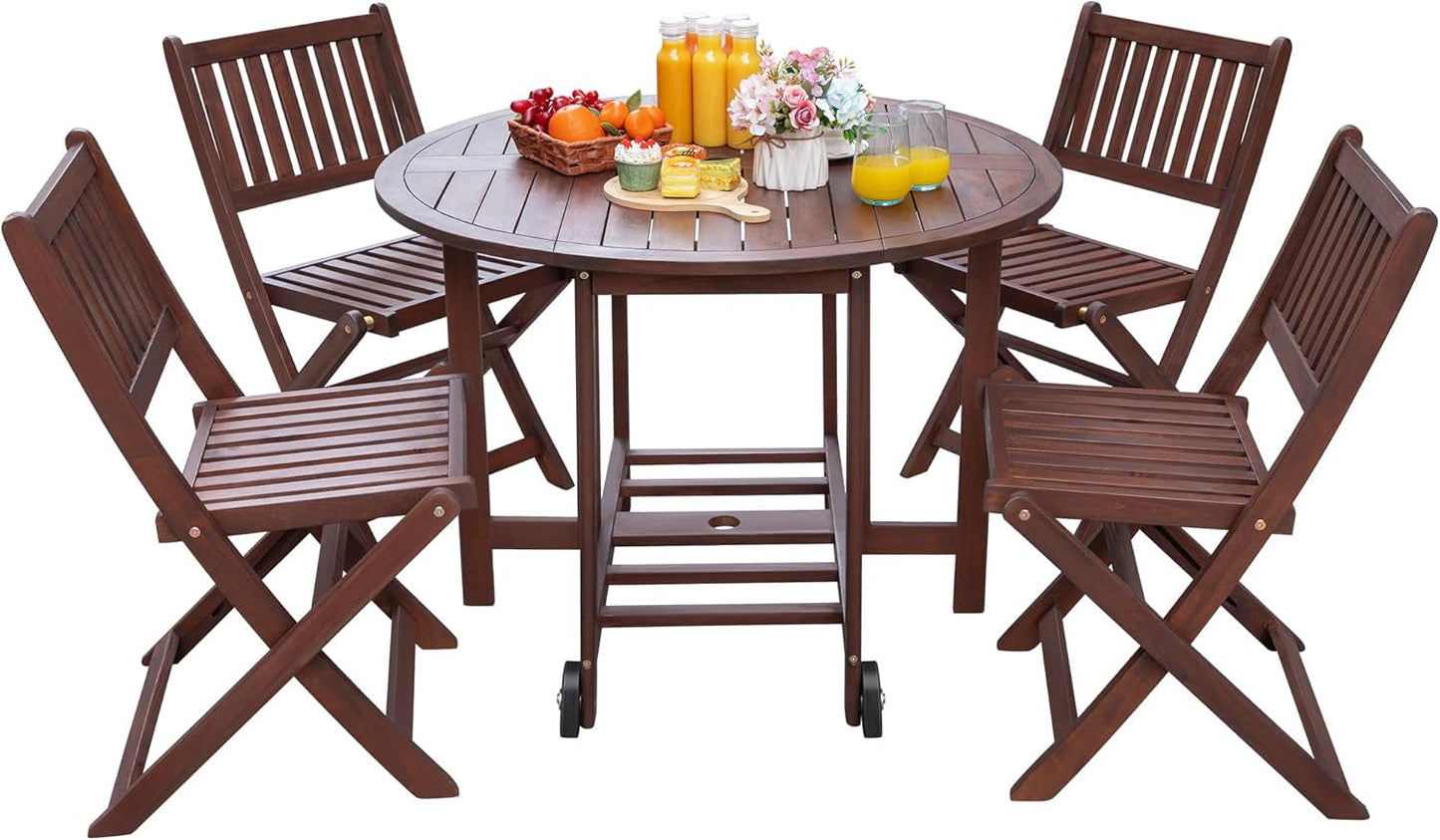 5 Piece Patio Dining Set Outdoor Acacia Wood Furniture All-Weather Folding round Table and Chairs for Backyard, Balcony, Porch, Deck, Garden, Dark Brown-0