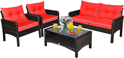 4 Piece Outdoor Wicker Patio Furniture Set with Cushions