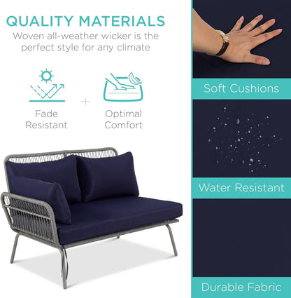 Outdoor Rope Woven Sectional Patio Furniture L-Shaped Conversation Sofa Set for Backyard, Porch W/Thick Cushions, Detachable Lounger, Side Table - Gray/Navy