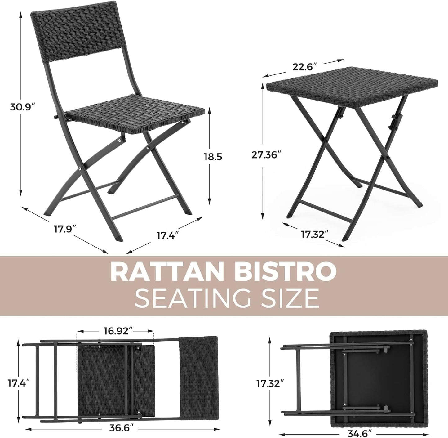 Rattan Patio Bistro Set, 3 Piece Foldable Outdoor Patio Furniture Sets, with Folding Table and Two Chairs, for Garden, Backyard, Pool, Lawn, Porch, Balcony, All Weather Rattan Style (Black)-1