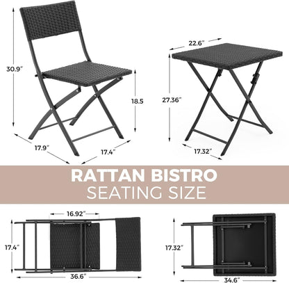 Rattan Patio Bistro Set, 3 Piece Foldable Outdoor Patio Furniture Sets, with Folding Table and Two Chairs, for Garden, Backyard, Pool, Lawn, Porch, Balcony, All Weather Rattan Style (Black)-1