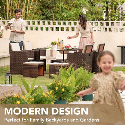 9 Pieces Patio Dining Sets Outdoor Space Saving Rattan Chairs with Glass Table Patio Furniture Sets Cushioned Seating and Back Sectional Conversation Set (Beige)-4