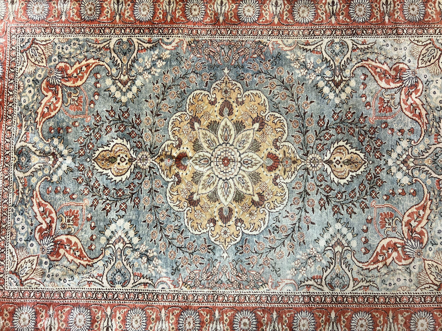 Silk Turkish Rug 5x7, Light Blue Silk Carpet, Floral Medallion, Turkish Kayseri Rug, Vintage Handmade Oriental Rug-2