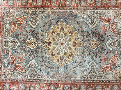 Silk Turkish Rug 5x7, Light Blue Silk Carpet, Floral Medallion, Turkish Kayseri Rug, Vintage Handmade Oriental Rug-2