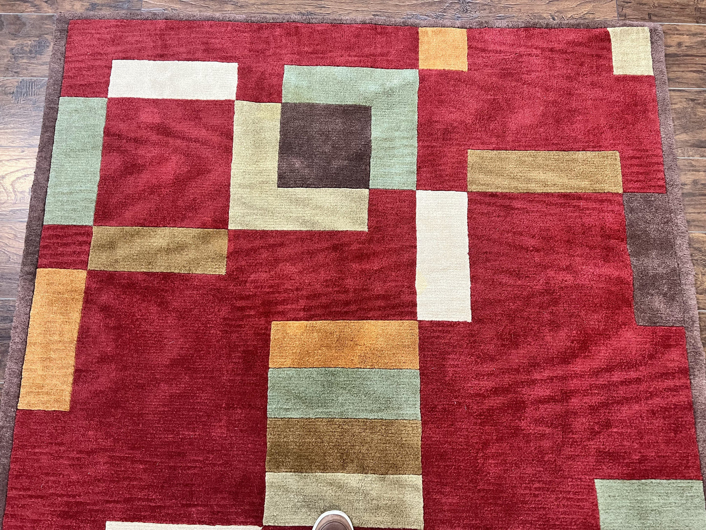 Indo Tibetan Modern Rug 5x8, Abstract Rug 5 x 8 ft, Red Multicolor Wool Handmade Contemporary Area Rug-2