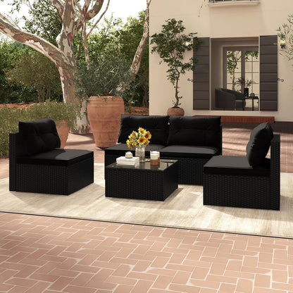 5-Piece Outdoor Patio Furniture Set, Rattan Sectional Sofa Set W/Glass-Top Coffee Table, Soft Seat & Back Cushions, Bistro Set for Garden Backyard Porch, Wicker Conversation Set (Black)-0