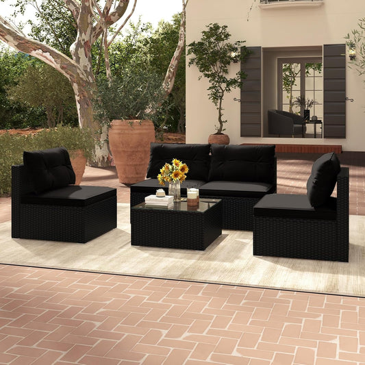 5-Piece Outdoor Patio Furniture Set, Rattan Sectional Sofa Set W/Glass-Top Coffee Table, Soft Seat & Back Cushions, Bistro Set for Garden Backyard Porch, Wicker Conversation Set (Black)-0
