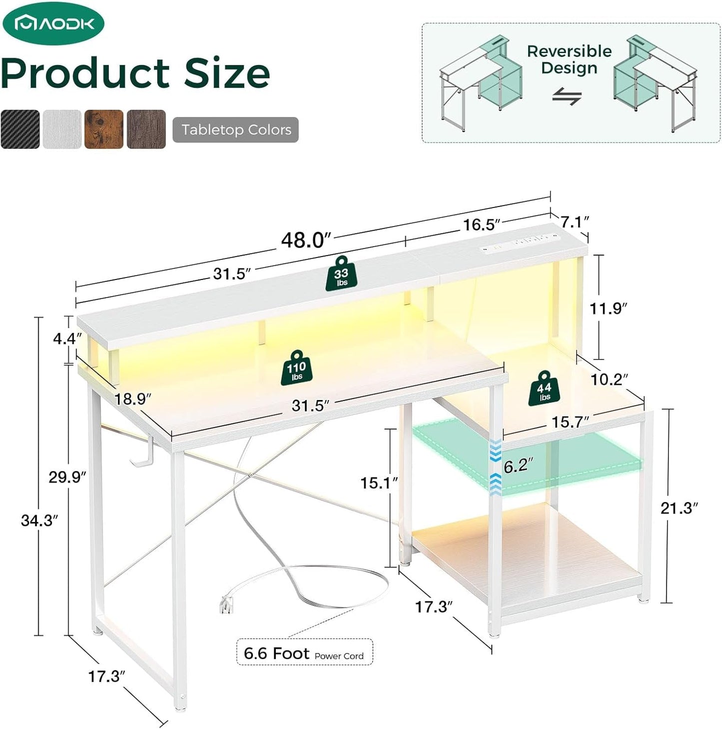 Computer Desk, 48 Inch Gaming Desk with Led Lights & Power Outlet, Office Desk with Printer Storage Shelves, Reversible Desk with Monitor Shelf & Headphone Hook, White