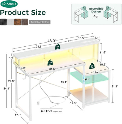 Computer Desk, 48 Inch Gaming Desk with Led Lights & Power Outlet, Office Desk with Printer Storage Shelves, Reversible Desk with Monitor Shelf & Headphone Hook, White