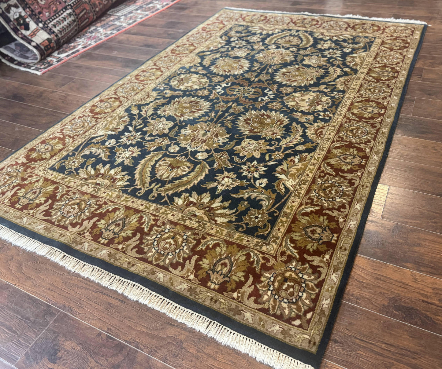 Indian Agra Rug 6x9, Floral, Traditional Rug, Dark Green Maroon Tan