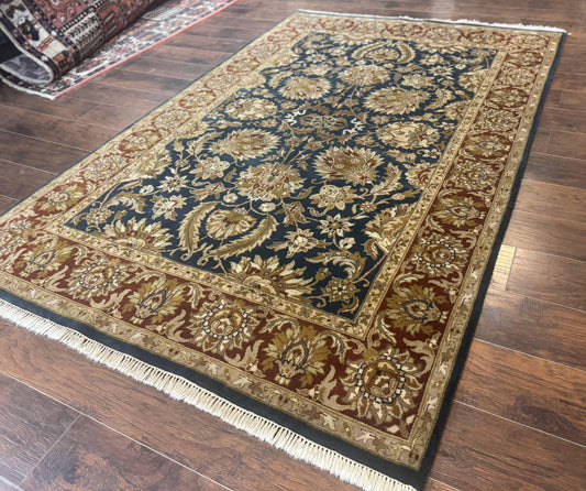 Indian Agra Rug 6x9, Floral, Traditional Rug, Dark Green Maroon Tan