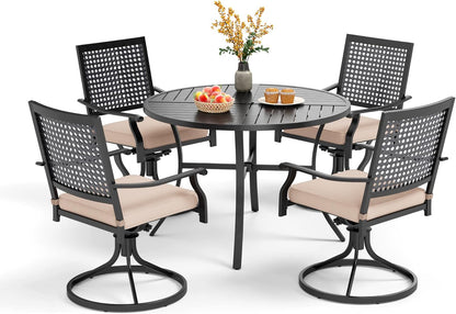 Outdoor Modern round Dining Table Set for 4 Dining Swivel Chairs Patio Furniture Set of 5, Metal Patio Circle Table with Umbrella Hole & Wrought Iron Dining Chairs with Cushion Backyard-0