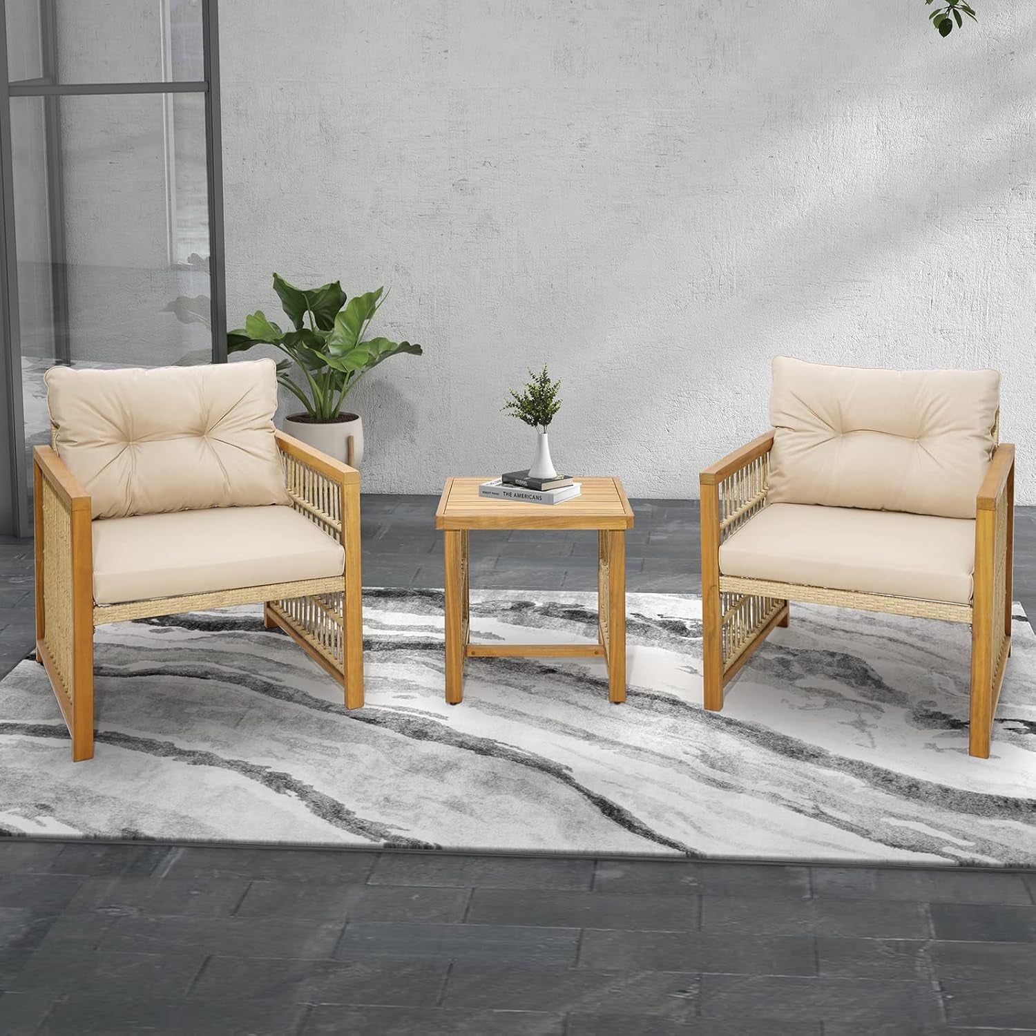 3 Pieces Acacia Wood Patio Furniture Set, PE Wicker Bistro Set with Cushioned Chairs and Coffee Table, Outdoor Conversation Set for Porch, Deck, Balcony, Backyard (Beige)-2
